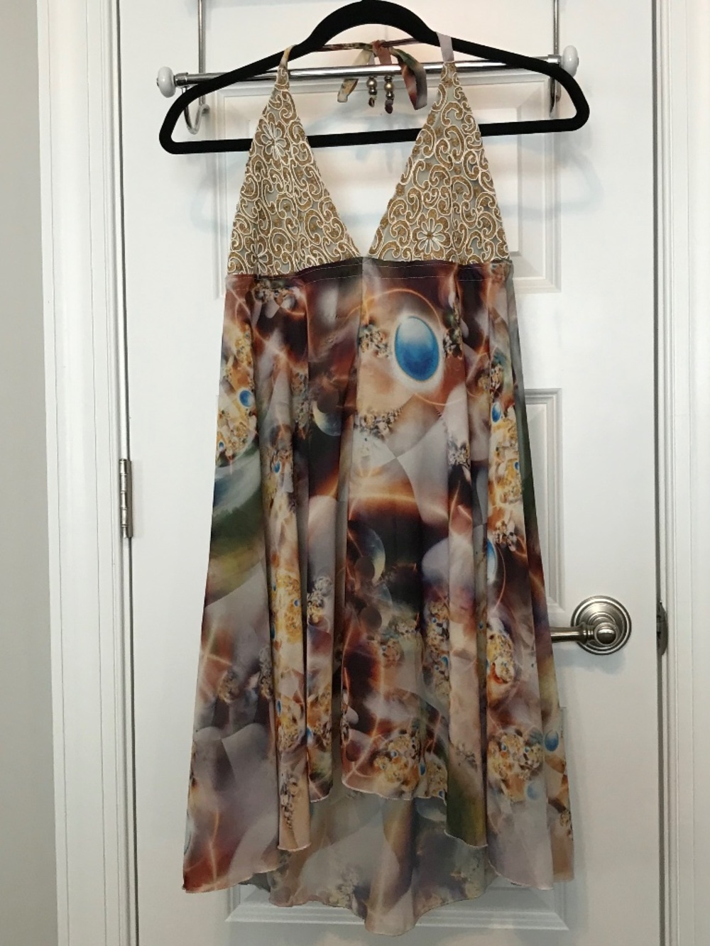Fashion Risks backless ethereal embroidered halter dress with beaded ties (S)